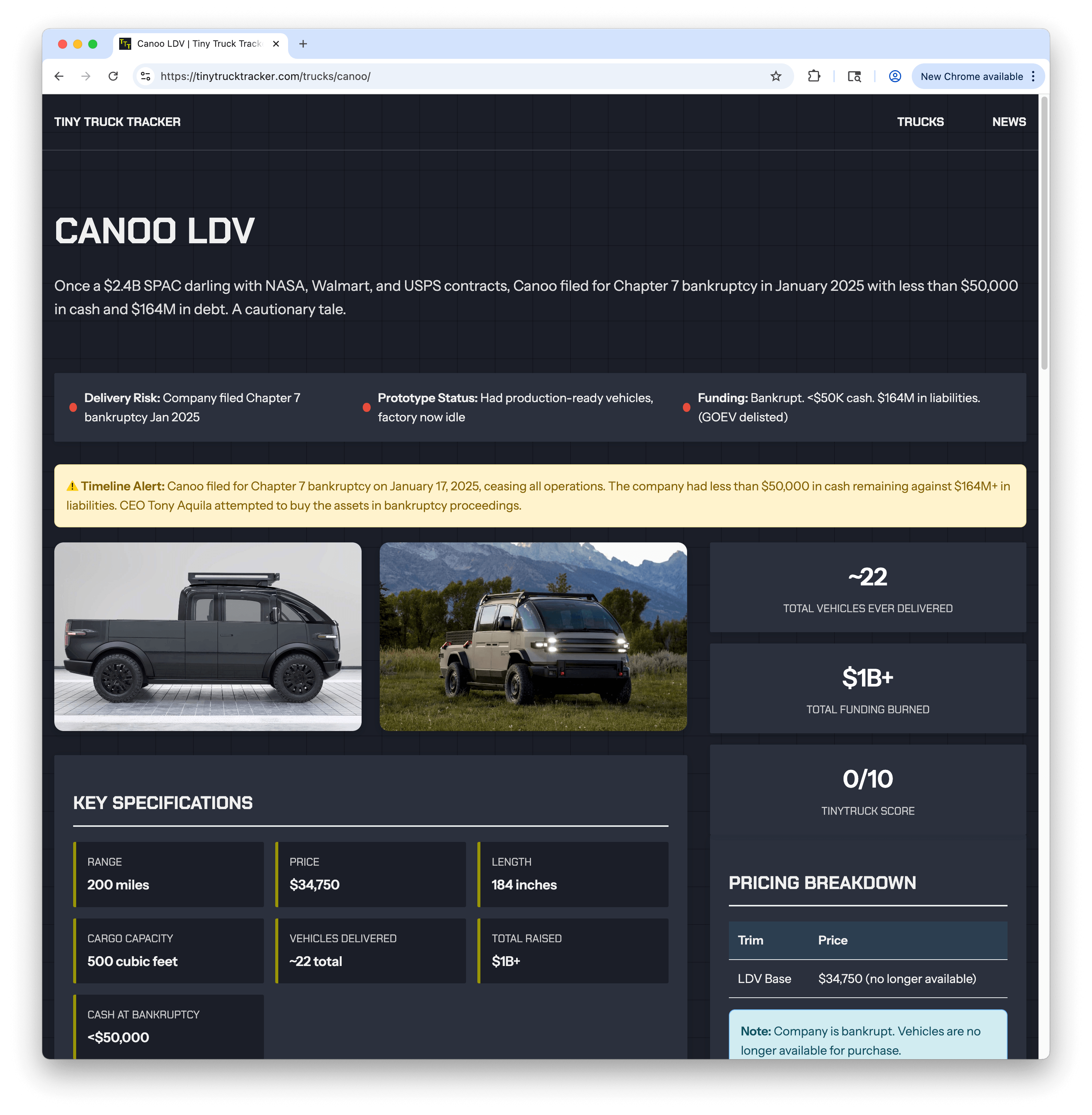 Contains news and updates, and most importantly my personal score of 'is this startup ever likely to ship a truck?'